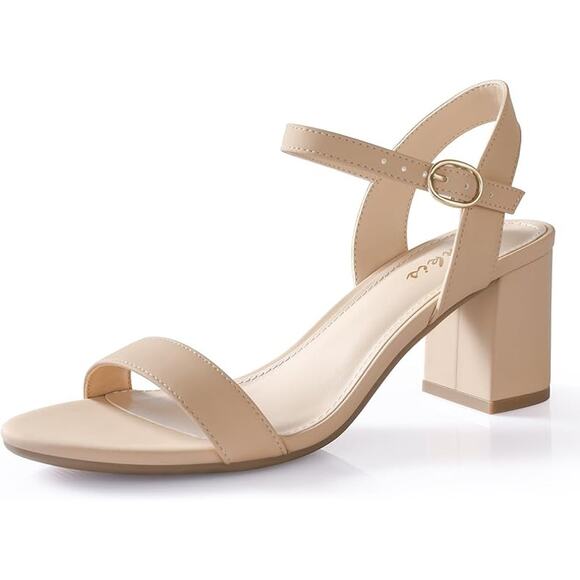 Ankis Shoes - Ankis Womens Size 8 Tan Nude 2.5" Block Heels Open Round Toe Ankle Strap Shoes